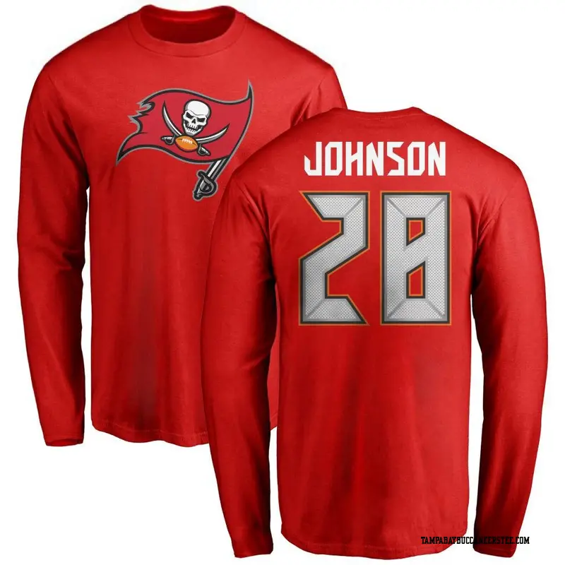 Men's Tampa Bay Buccaneers ＃28 Cephus Johnson III Red Name & Number Logo Long Sleeve T-Shirt