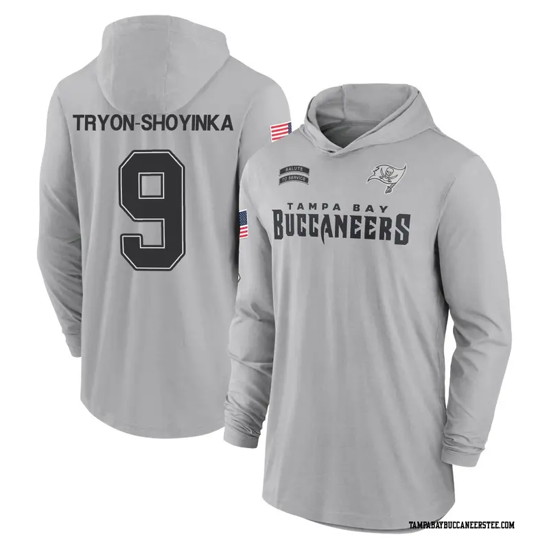 Men's Tampa Bay Buccaneers ＃9 Joe Tryon-Shoyinka Gray 2024 Salute to Service Lightweight Performance Long Sleeve Hooded T-Shirt