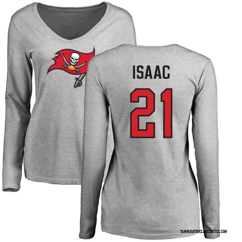 Women's Tampa Bay Buccaneers ＃21 Keenan Isaac Ash Name & Number Logo Slim Fit Long Sleeve T-Shirt