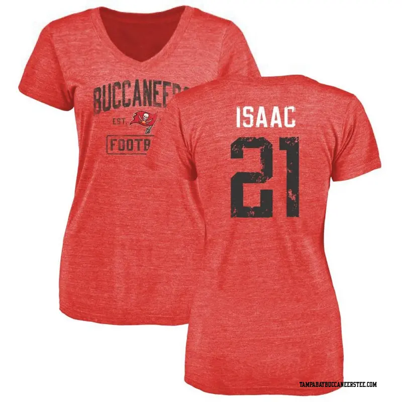 Women's Tampa Bay Buccaneers ＃21 Keenan Isaac Red Distressed Name & Number V-Neck T-Shirt