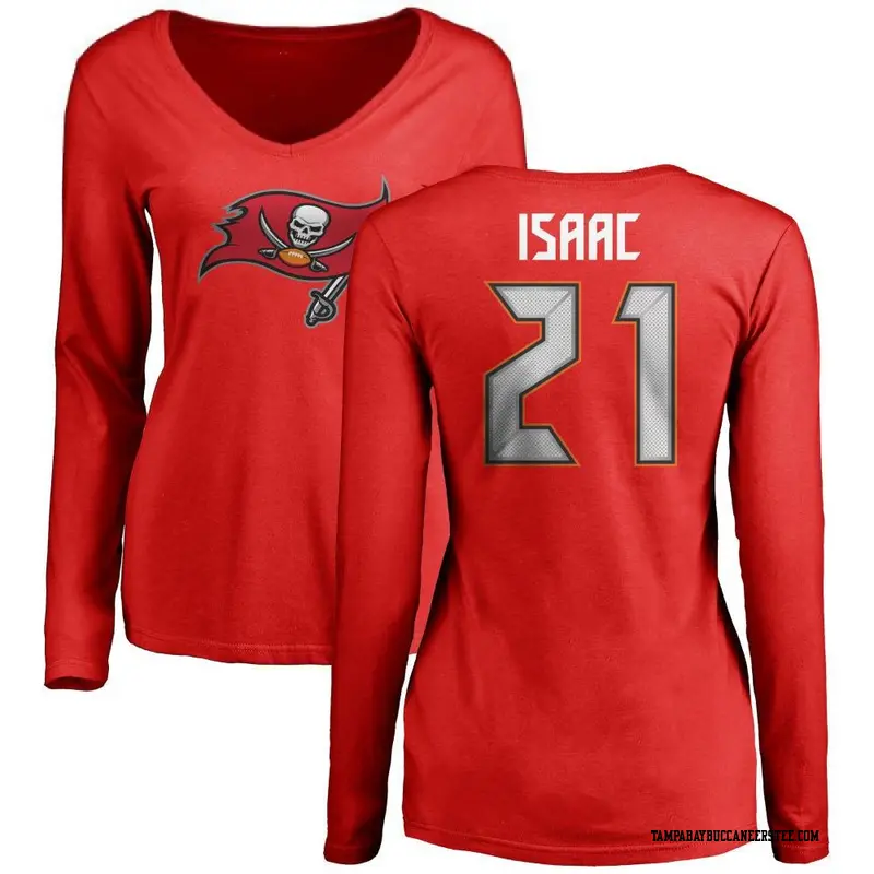 Women's Tampa Bay Buccaneers ＃21 Keenan Isaac Red Name & Number Logo Slim Fit Long Sleeve T-Shirt