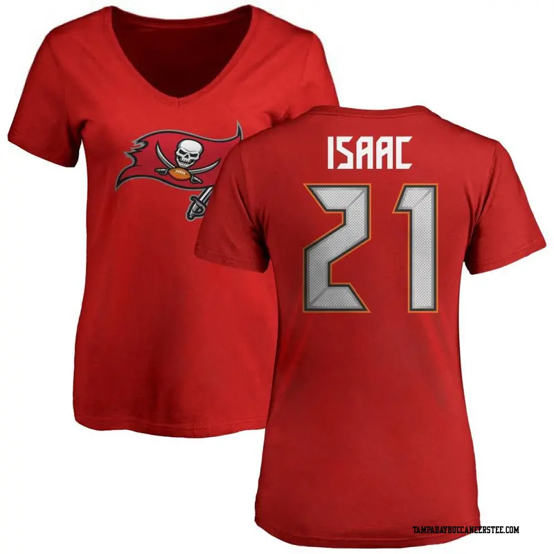 Women's Tampa Bay Buccaneers ＃21 Keenan Isaac Red Name & Number Logo Slim Fit T-Shirt