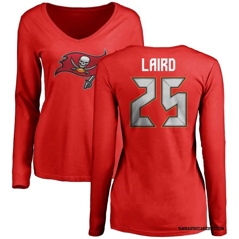 Women's Tampa Bay Buccaneers ＃25 Patrick Laird Red Name & Number Logo Slim Fit Long Sleeve T-Shirt