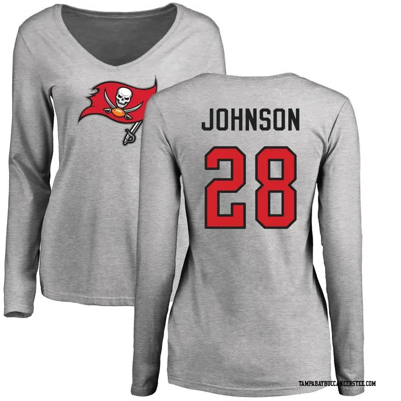 Women's Tampa Bay Buccaneers ＃28 Cephus Johnson III Ash Name & Number Logo Slim Fit Long Sleeve T-Shirt