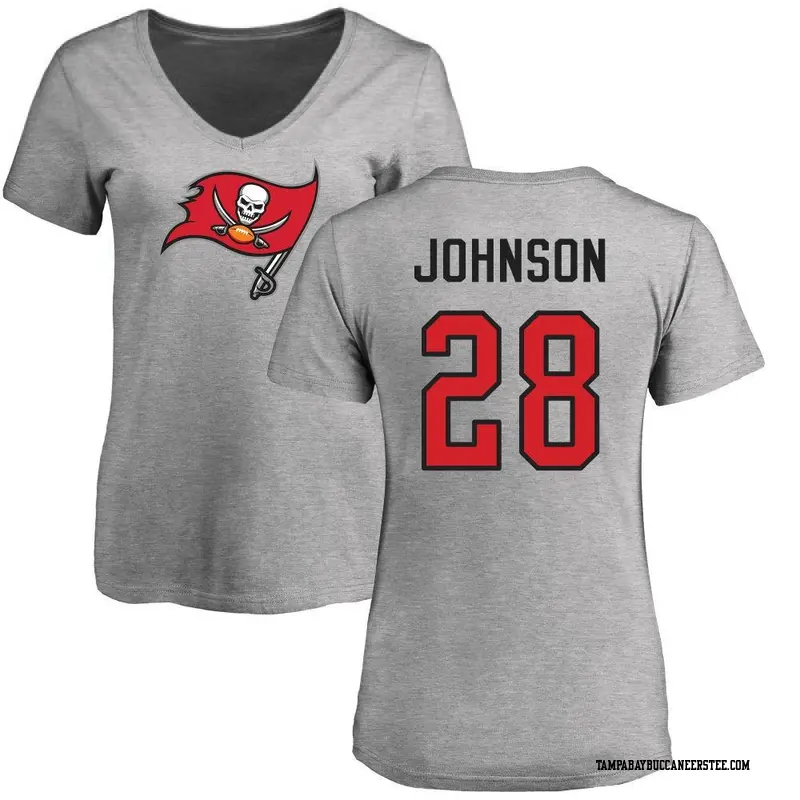 Women's Tampa Bay Buccaneers ＃28 Cephus Johnson III Ash Name & Number Logo Slim Fit T-Shirt