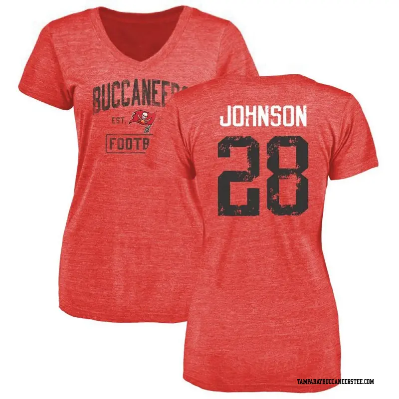 Women's Tampa Bay Buccaneers ＃28 Cephus Johnson III Red Distressed Name & Number V-Neck T-Shirt