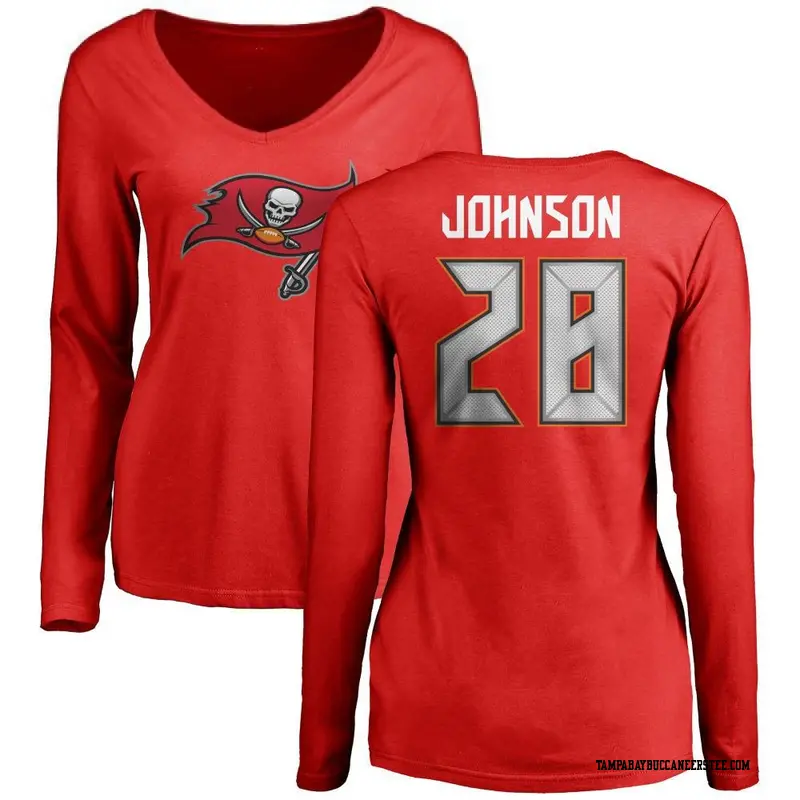 Women's Tampa Bay Buccaneers ＃28 Cephus Johnson III Red Name & Number Logo Slim Fit Long Sleeve T-Shirt