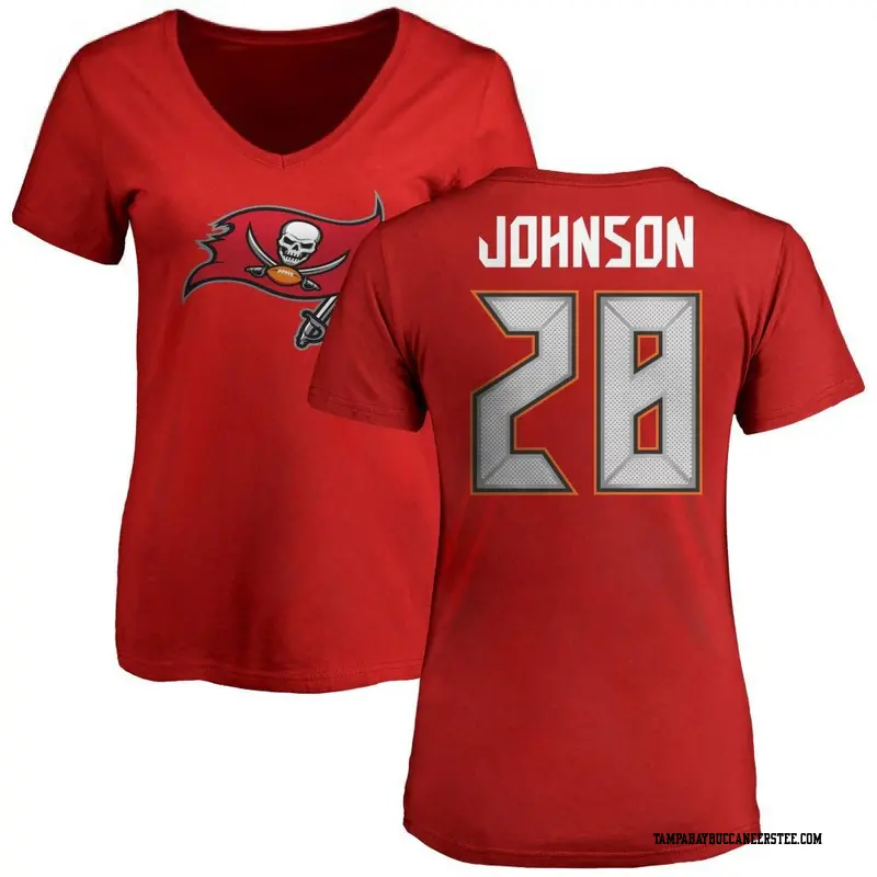 Women's Tampa Bay Buccaneers ＃28 Cephus Johnson III Red Name & Number Logo Slim Fit T-Shirt