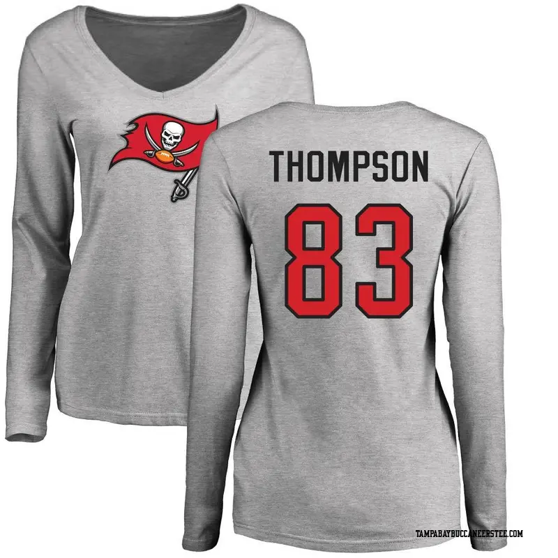 Women's Tampa Bay Buccaneers ＃83 Cody Thompson Ash Name & Number Logo Slim Fit Long Sleeve T-Shirt