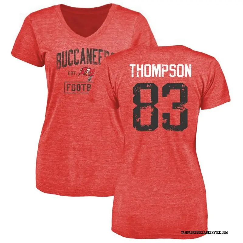 Women's Tampa Bay Buccaneers ＃83 Cody Thompson Red Distressed Name & Number V-Neck T-Shirt