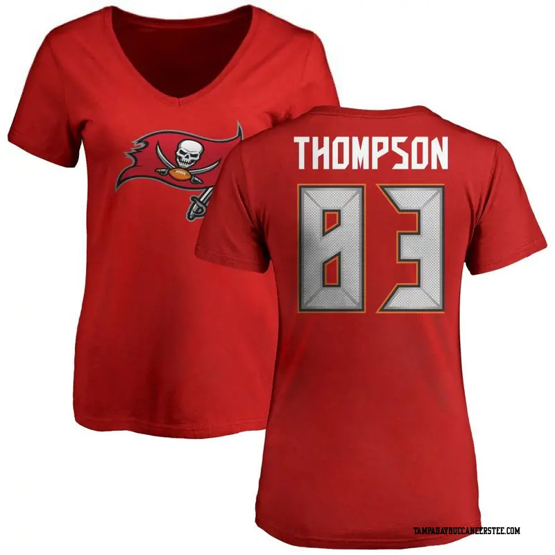 Women's Tampa Bay Buccaneers ＃83 Cody Thompson Red Name & Number Logo Slim Fit T-Shirt