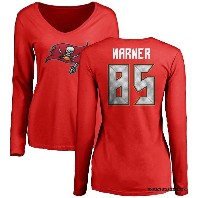 Women's Tampa Bay Buccaneers ＃85 Kade Warner Red Name & Number Logo Slim Fit Long Sleeve T-Shirt