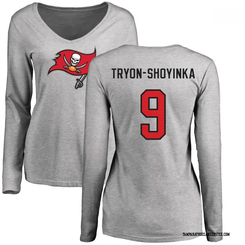 Women's Tampa Bay Buccaneers ＃9 Joe Tryon-Shoyinka Ash Name & Number Logo Slim Fit Long Sleeve T-Shirt