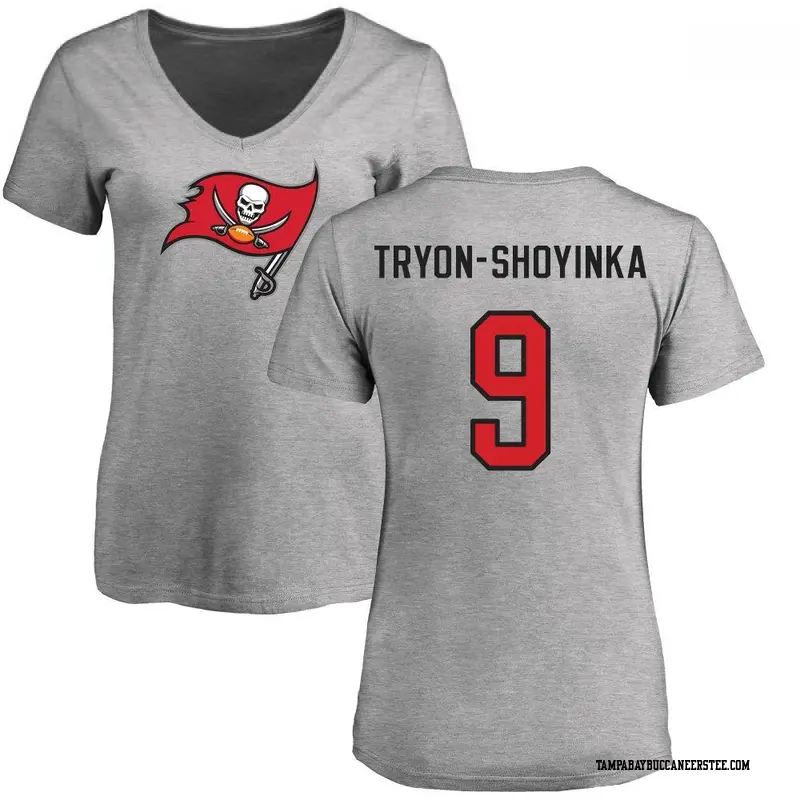 Women's Tampa Bay Buccaneers ＃9 Joe Tryon-Shoyinka Ash Name & Number Logo Slim Fit T-Shirt