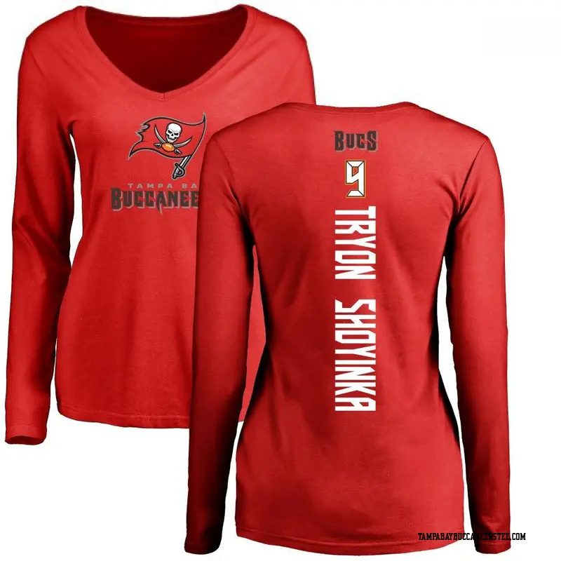 Women's Tampa Bay Buccaneers ＃9 Joe Tryon-Shoyinka Red Backer Slim Fit Long Sleeve T-Shirt