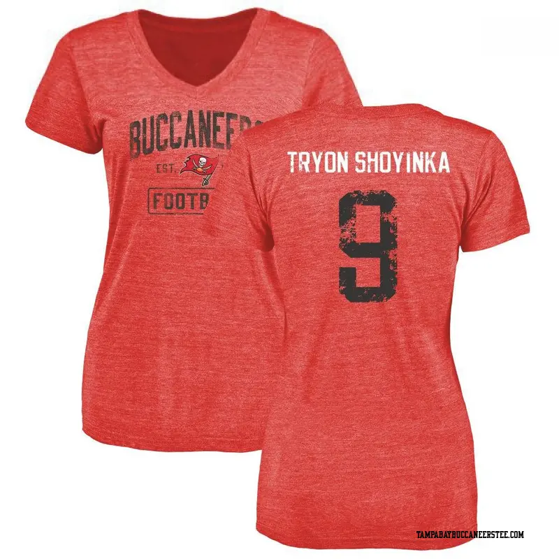 Women's Tampa Bay Buccaneers ＃9 Joe Tryon-Shoyinka Red Distressed Name & Number V-Neck T-Shirt