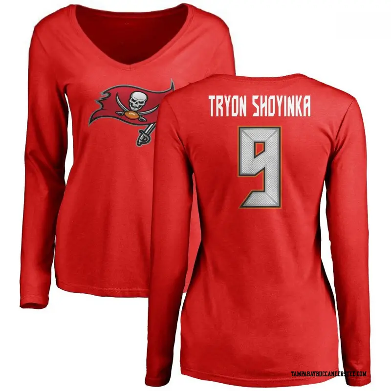 Women's Tampa Bay Buccaneers ＃9 Joe Tryon-Shoyinka Red Name & Number Logo Slim Fit Long Sleeve T-Shirt