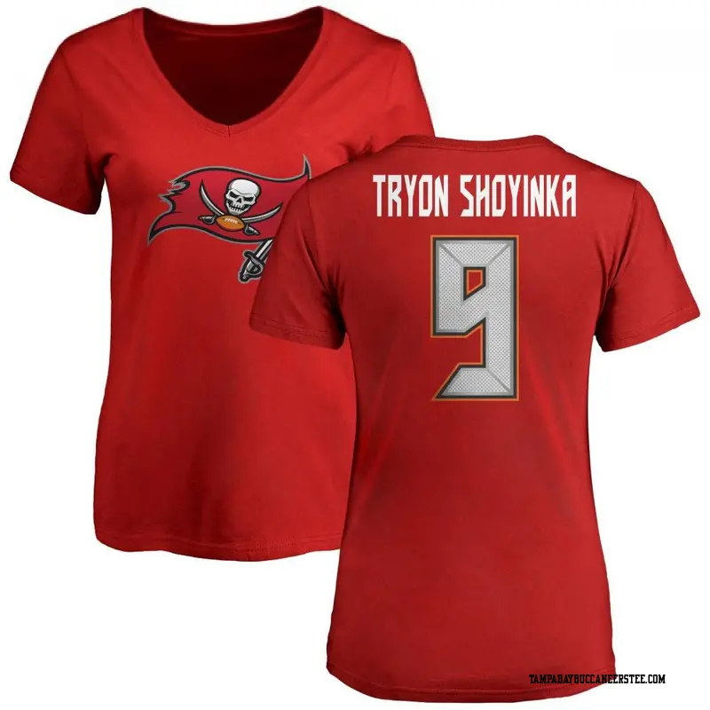 Women's Tampa Bay Buccaneers ＃9 Joe Tryon-Shoyinka Red Name & Number Logo Slim Fit T-Shirt