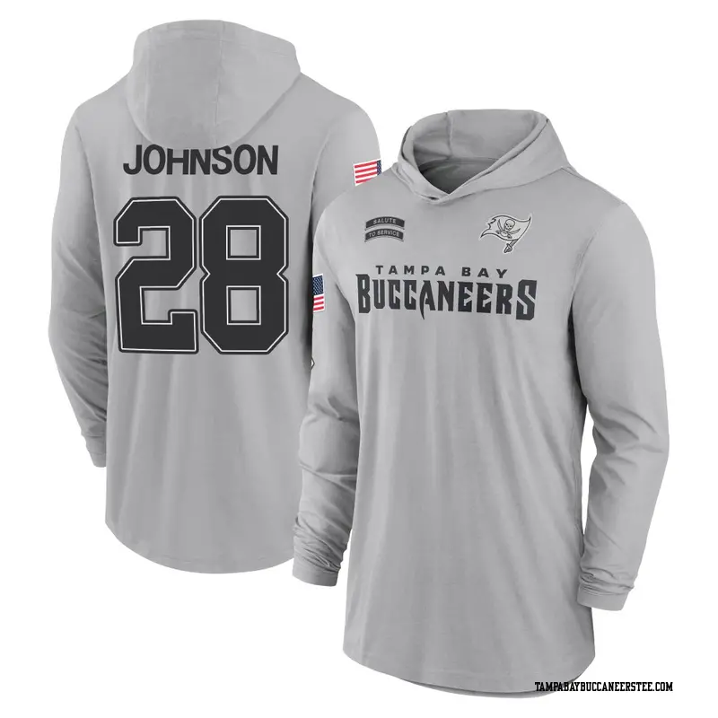 Youth Tampa Bay Buccaneers ＃28 Cephus Johnson III Gray 2024 Salute to Service Lightweight Performance Long Sleeve Hooded T-Shirt